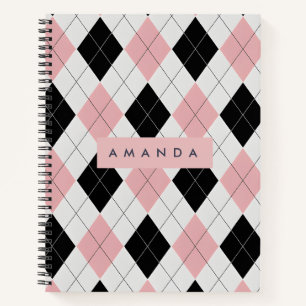 Personalized Pink and Black Diamond Pattern Notebook