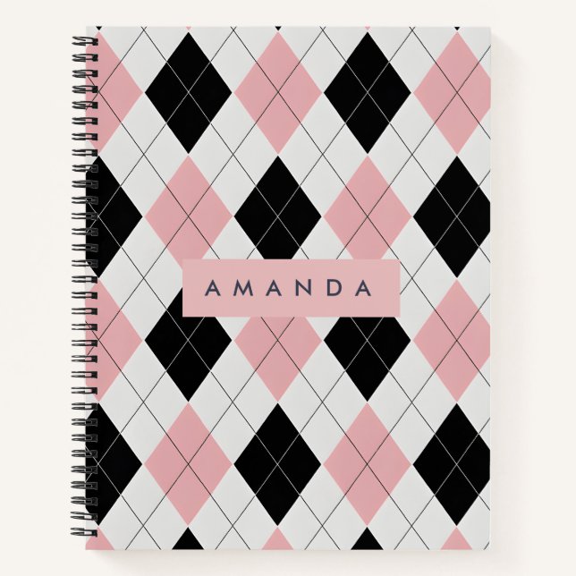 Personalized Pink and Black Diamond Pattern  Notebook (Front)