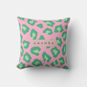 Personalized Pink and Green Leopard Print Cushion