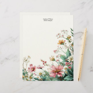 Personalized Pink and Green Wildflowers Florals  Custom Letterhead