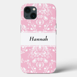 Personalized Pink and White Damask  iPhone 13 Case