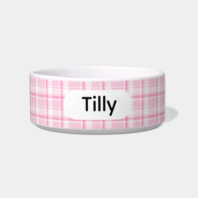PERSONALIZED PINK AND WHITE PLAID STYLE DOG OR CAT BOWL (Front)