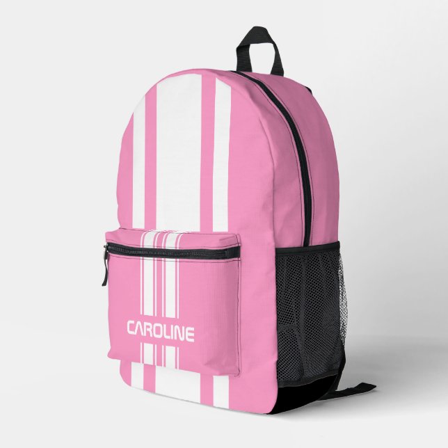 Personalized Pink And White Racing Stripe Printed Backpack (Back Corner Right)
