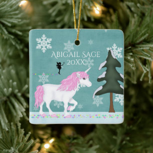 Personalized Pink and White Unicorn and Fairy Ceramic Ornament