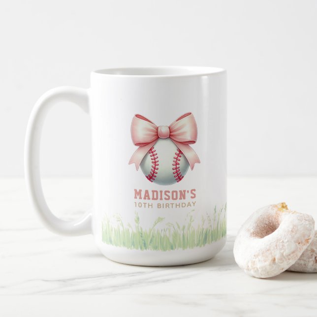 Personalized Pink Baseball Girl Bow Coffee Mug (With Donut)