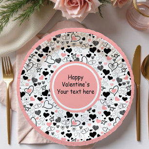 Personalized Pink Black Hearts Sketch Valentine Paper Plate