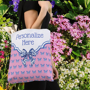 Personalized Pink Blue White Butterfly Tote Bag