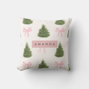Personalized Pink Bow & Christmas Tree Cushion