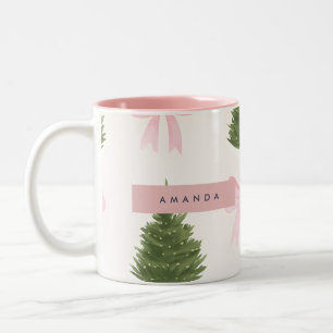 Personalized Pink Bow & Christmas Tree Two-Tone Coffee Mug