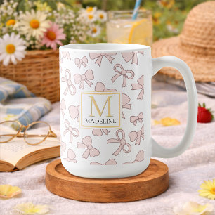 Personalized Pink Bow Girl Cute Gold Monogram Name Coffee Mug
