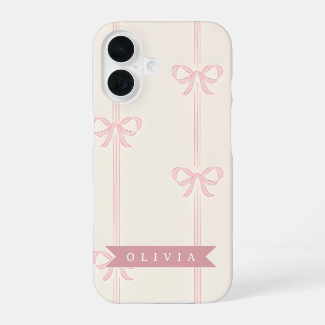 Personalized Pink Bow Name Gift Elegant Coquette iPhone 16 Case (Back)