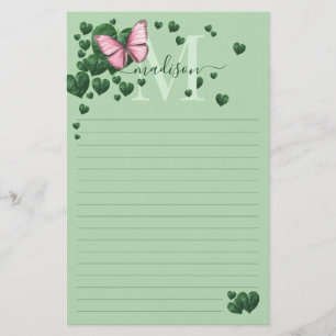Personalized Pink Butterfly with Heart Leaves Stationery