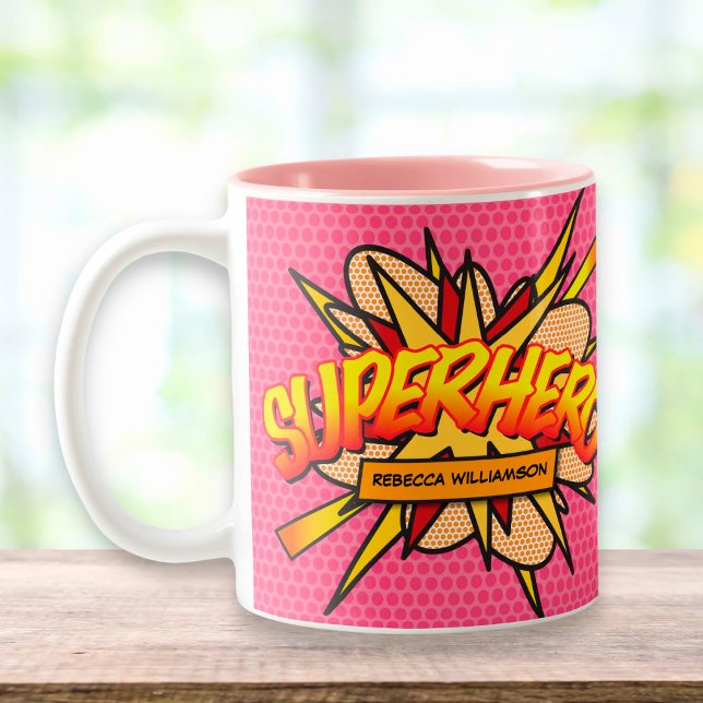 Personalized Pink Comic Book SUPERHERO Two-Tone Coffee Mug (Creator Uploaded)