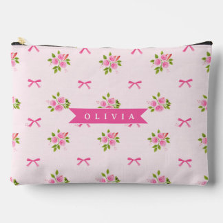 Personalized Pink Coquette Girly Bow Floral Name Accessory Pouch