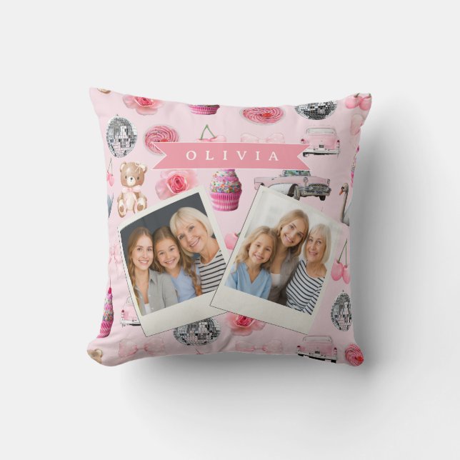 Personalized Pink Coquette Retro Cute Teddy Bear  Cushion (Front)