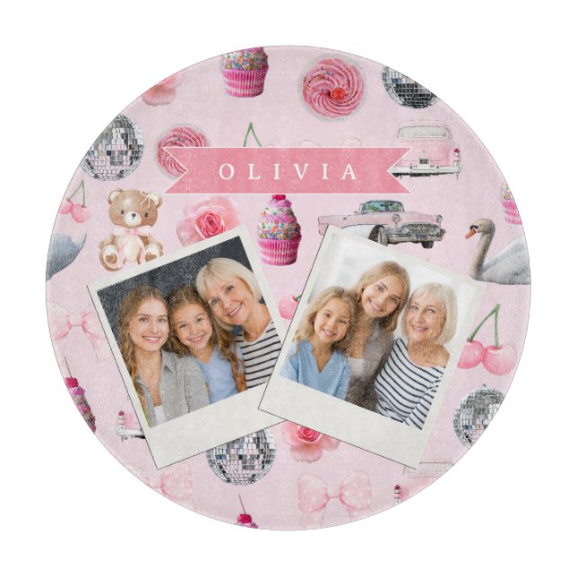 Personalized Pink Coquette Retro Cute Teddy Bear  Cutting Board (Front)