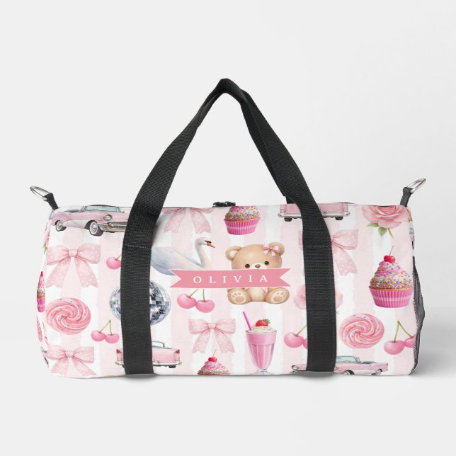 Personalized Pink Coquette Retro Cute Teddy Bear  Duffle Bag (Front)