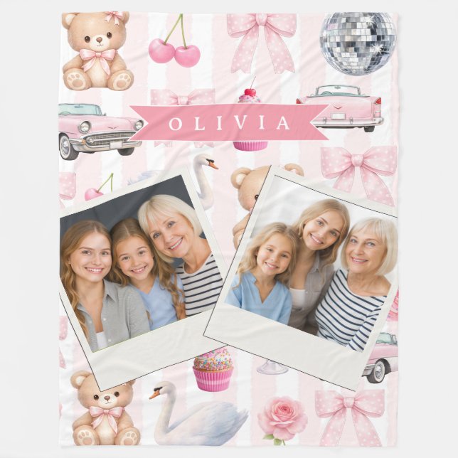 Personalized Pink Coquette Retro Cute Teddy Bear  Fleece Blanket (Front)