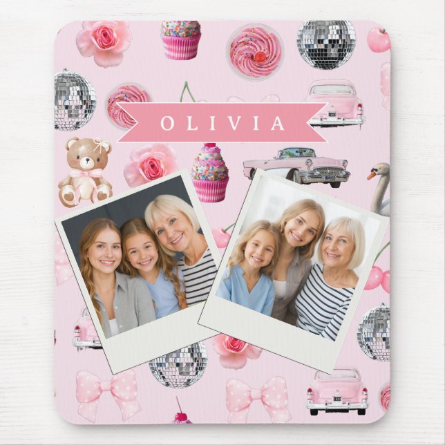 Personalized Pink Coquette Retro Cute Teddy Bear  Mouse Pad (Front)