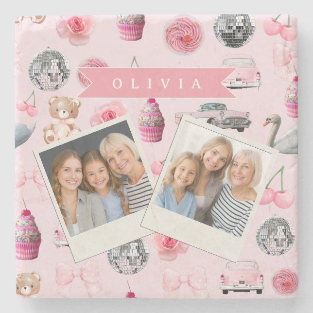 Personalized Pink Coquette Retro Cute Teddy Bear  Stone Coaster (Front)