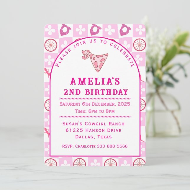 Personalized Pink Cowgirl Birthday Party  Invitation (Standing Front)