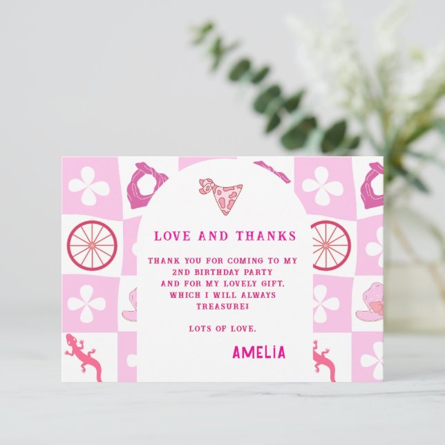 Personalized Pink Cowgirl Checkered Birthday  Thank You Card (Standing Front)