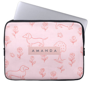 Personalized Pink Dachshund and Flower Laptop Sleeve