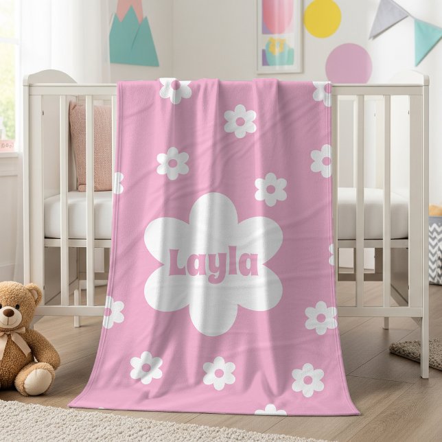 Personalized Pink Daisy Name Fleece Blanket (Creator Uploaded)