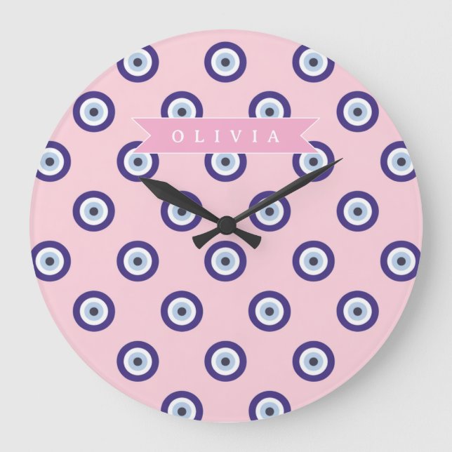 Personalized Pink Evil Eye Pattern Gifts With Name Large Clock (Front)