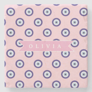 Personalized Pink Evil Eye Pattern Gifts With Name Stone Coaster