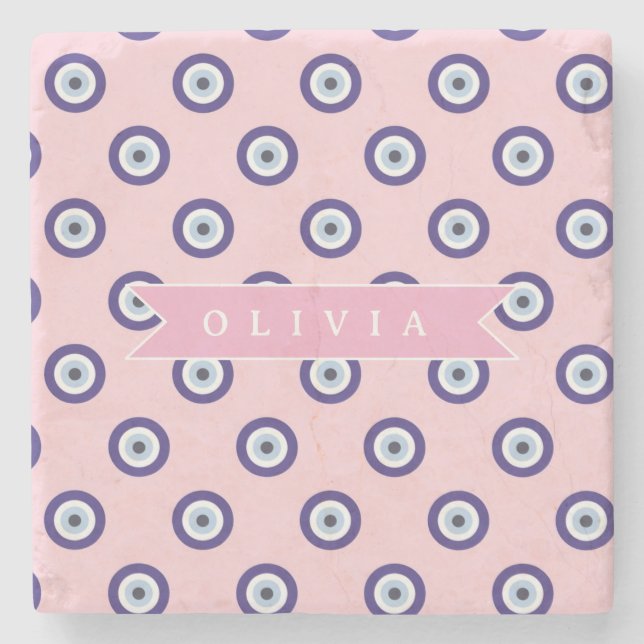 Personalized Pink Evil Eye Pattern Gifts With Name Stone Coaster (Front)