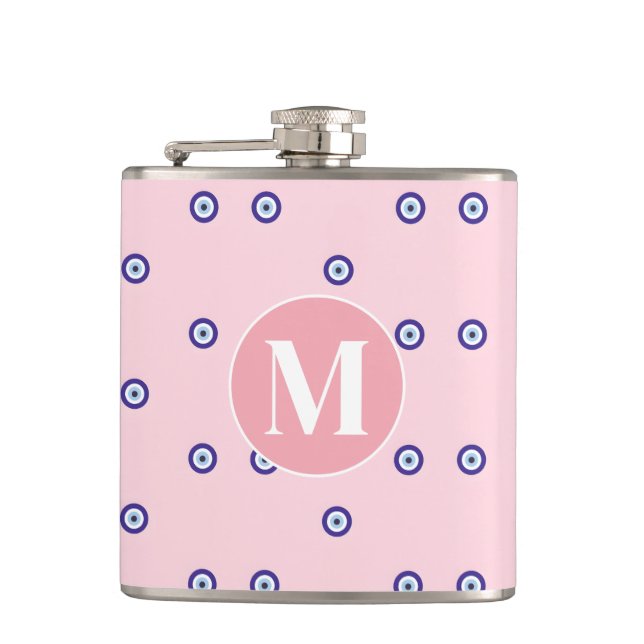 Personalized Pink Evil Eye Pattern Monogram Hip Flask (Front)