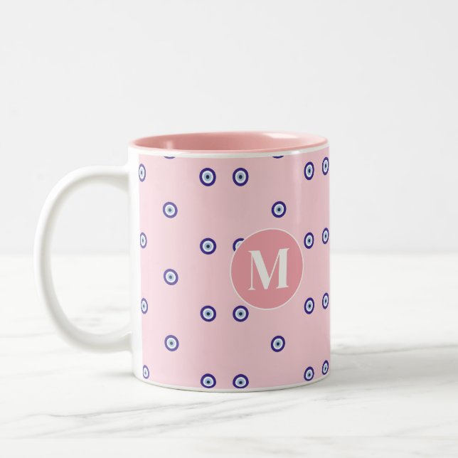 Personalized Pink Evil Eye Pattern Monogram Two-Tone Coffee Mug (Left)