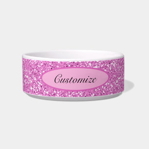 Personalized Pink Faux Glitter Pet Bowl
