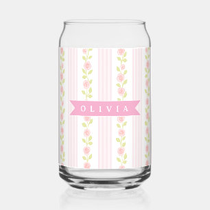 Personalized pink feminine coquette floral striped can glass