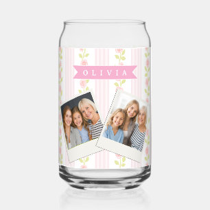 Personalized pink feminine coquette floral striped can glass
