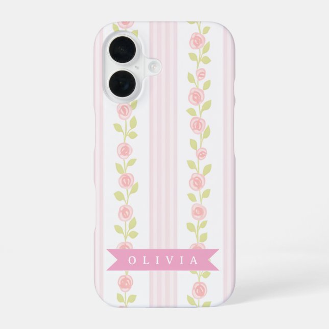 Personalized pink feminine coquette floral striped iPhone 16 case (Back)