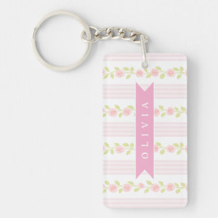 Personalized pink feminine coquette floral striped key ring