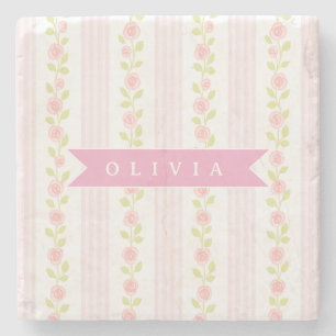 Personalized pink feminine coquette floral striped stone coaster