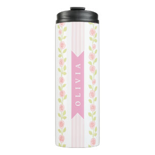 Personalized pink feminine coquette floral striped thermal tumbler