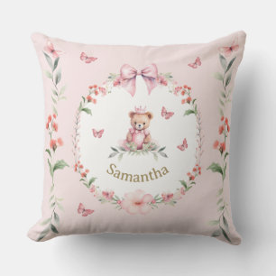 Personalized Pink Floral and Teddy Bear Hugs Cushion