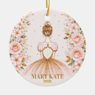 Personalized Pink Floral Ballerina Christmas Ceramic Ornament