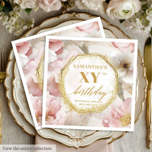 Personalized Pink Floral Birthday Napkins Gold