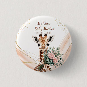 Personalized Pink Floral Giraffe Baby Shower Butto 3 Cm Round Badge