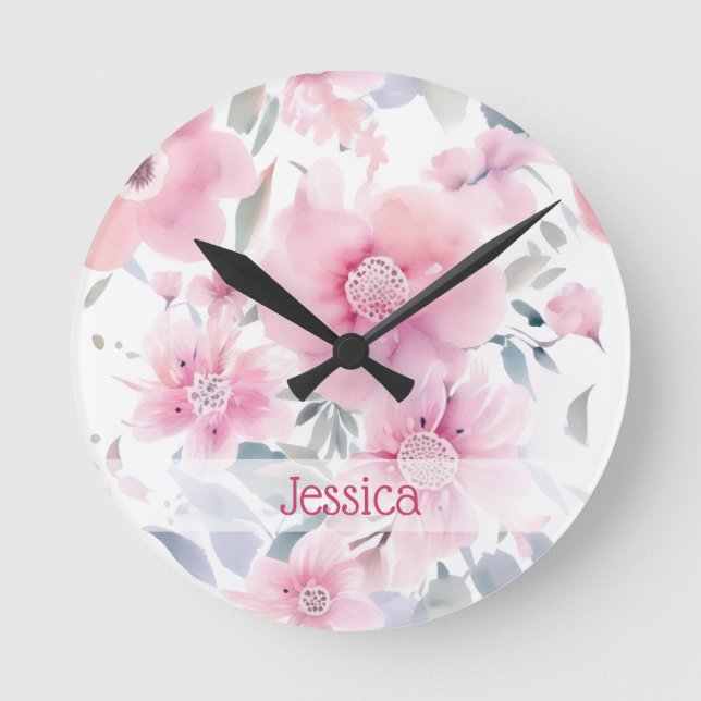 Personalized Pink Floral Watercolor  Round Clock (Front)