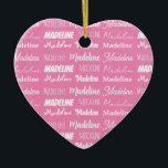 Personalized Pink Girls Name Collage Christmas Ceramic Ornament<br><div class="desc">A pretty personalized heart shaped Christmas ornament gift gift for a little girl decorated in nine different fonts spelling your name in white. Cute customizable present with fun typography.</div>