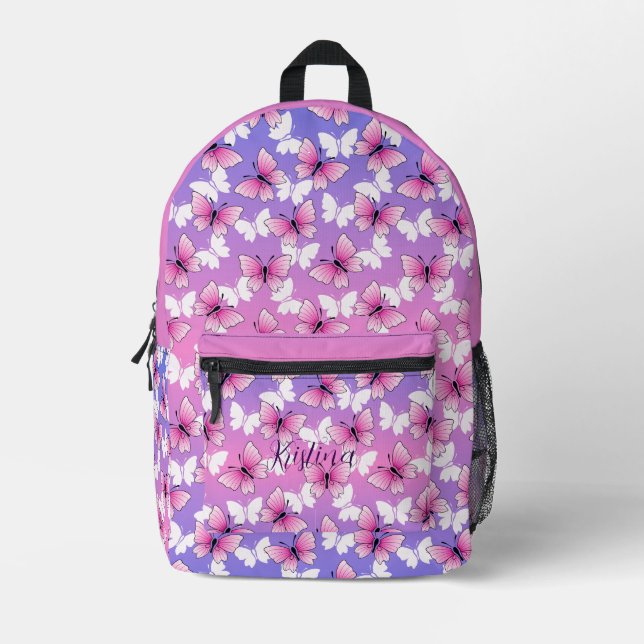 Personalized Pink Girly Butterfly Kawaii Backpack (Front)