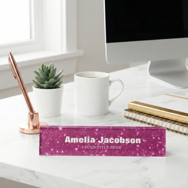 Personalized Pink Glitter Name Modern Desk Decor Nameplate (Creator Uploaded)
