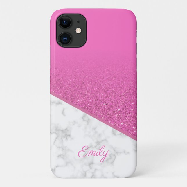 Personalized Pink Glitter - White Marble Case-Mate iPhone Case (Back)