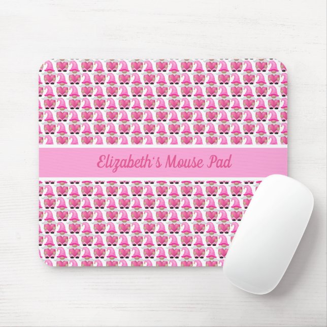 Personalized Pink Gnomes Hearts Woodland Whimsical Mouse Pad (With Mouse)